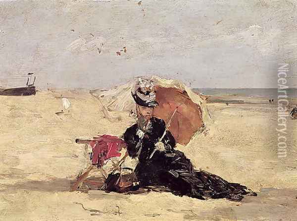 Woman with a Parasol on the Beach 1880 Oil Painting - Eugene Boudin