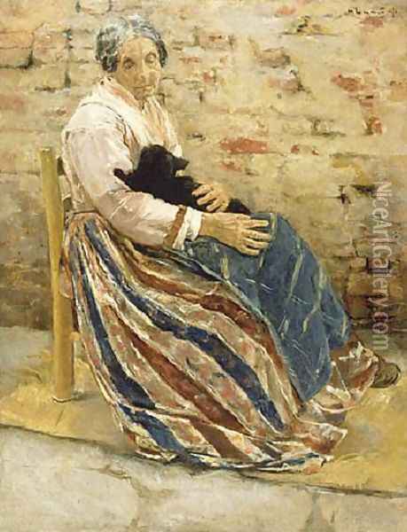Old Woman with Cat Oil Painting - Max Liebermann