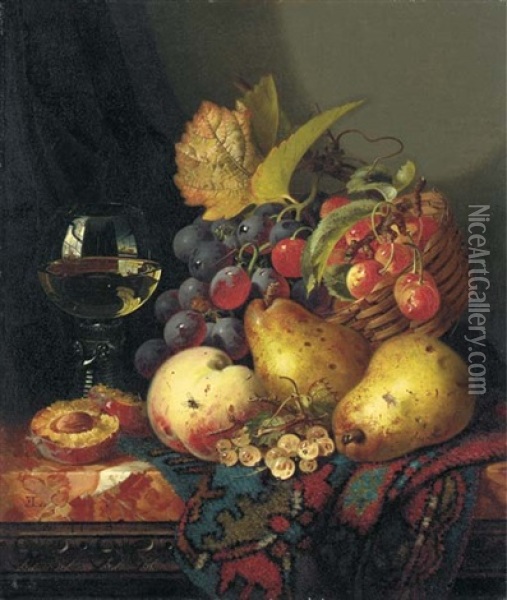 Still Life With Red Grapes And Cherries In A Wicker Basket, Two Pears, Whitecurrants, A Peach, A Split Plum And A Roemer, On A Marble Topped Table With A Carved Wood Frieze Oil Painting - Edward Ladell