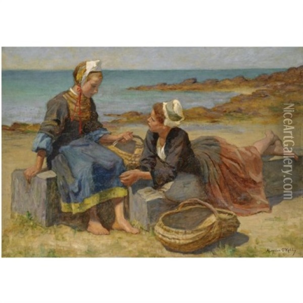 Breton Girls On A Beach (+ A Seated Lady, Sketch; Verso) Oil Painting - Aloysius C. O'Kelly