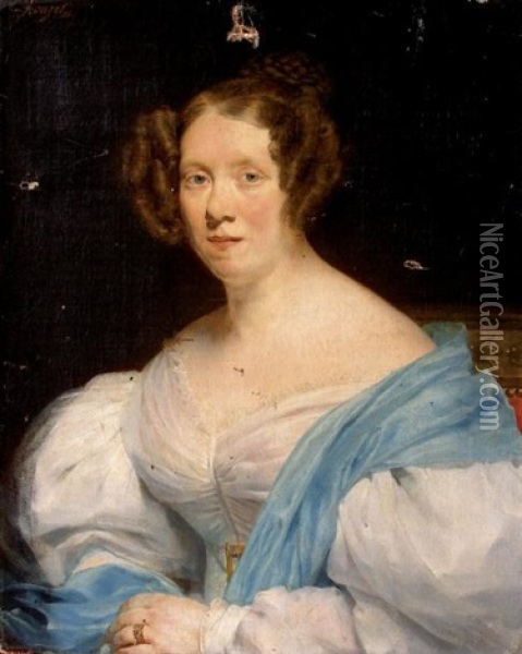 Portrait De Femme En Buste Dans Une Robe Blanche Et Etole Bleue Oil Painting - Georges Rouget