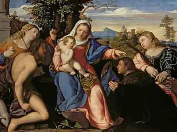 Sacra Conversazione with the donor Francesco q. Zuane Priuli, c.1518 Oil Painting - Palma Vecchio (Jacopo Negretti)