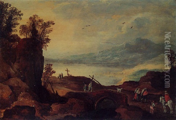 An Alpine Landscape With Travellers On A Bridge, A River And Mountains Beyond Oil Painting - Joos de Momper the Younger