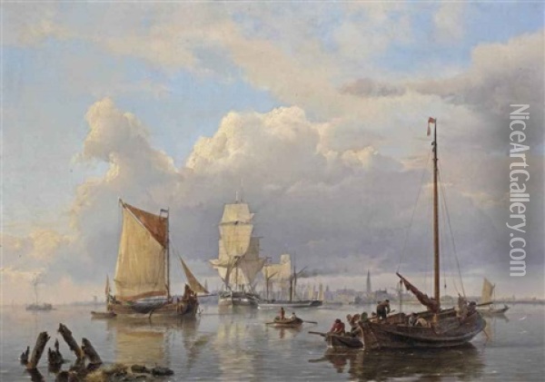 Shipping On The Scheldt With Antwerp In The Distance Oil Painting - Hermanus Koekkoek the Elder