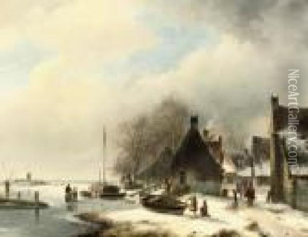 A Day On The Ice Oil Painting - Andreas Schelfhout