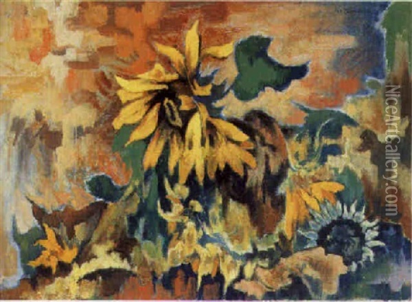 Bluhende Und Verwelkende Sonnenblumen Oil Painting - Heinrich Nauen