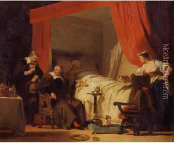 Cardinal Mazarin At The Deathbed Of Eustache Le Sueur Oil Painting - Alexandre Evariste Fragonard