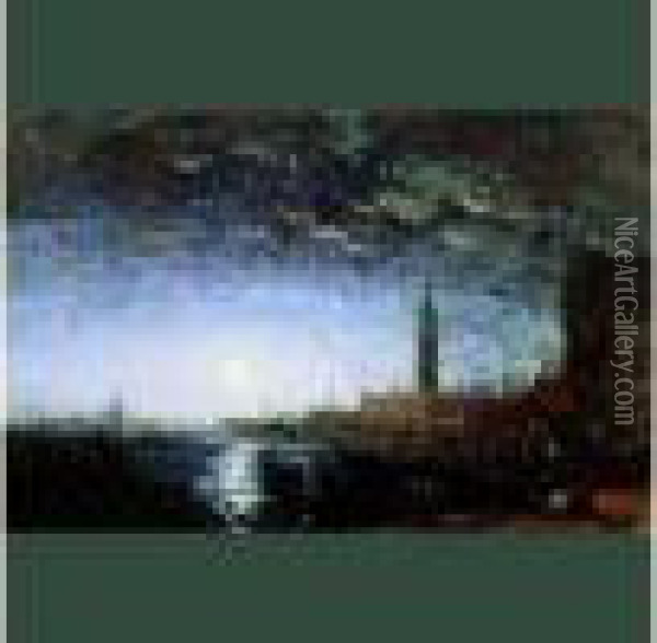 - Venise, Le Quai Des Esclavons Au Clair De Lune - Oil Painting - Felix Ziem