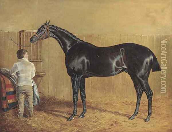 A racehorse in a stable with a groom Oil Painting - John Frederick Herring Snr