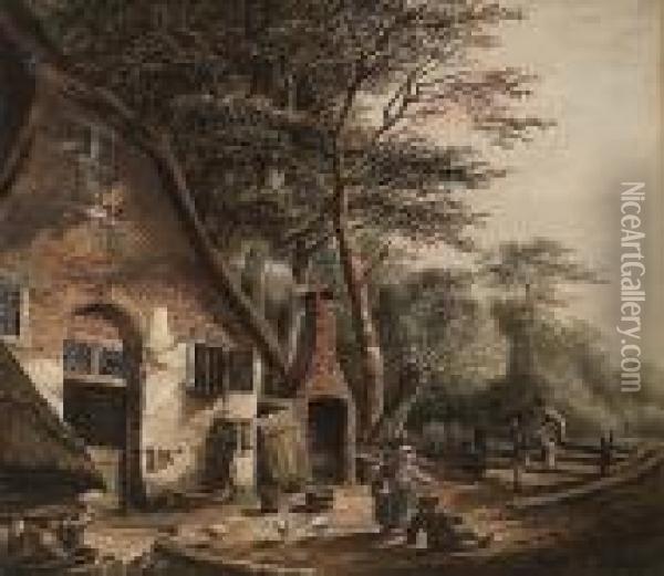 Figures Outside A Farmstead Oil Painting - Andreas Schelfhout