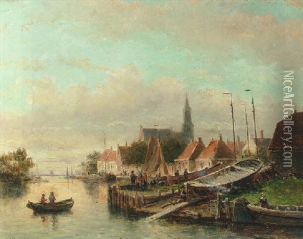 A View Of A Town With A Shipyard Along A Quay Oil Painting - Johannes Frederik Hulk the Elder