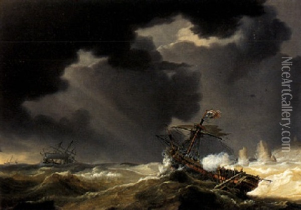 A Threemaster On A Stormy Sea Oil Painting - Johannes Christiaan Schotel