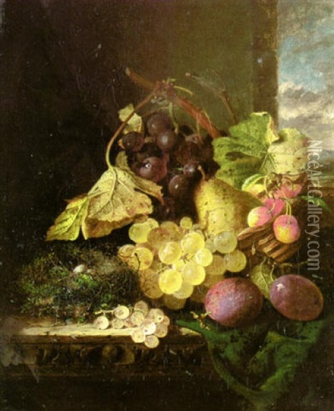 Fruit And A Nest With Two Eggs On A Carved Wooden Ledge Oil Painting - Edward Ladell