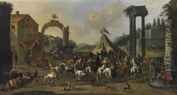 An Italianate Classical Landscape With Figures Resting Near A Tent, Others Merry Making Oil Painting - Pieter Jacobsz. van Laer