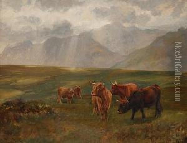 Highland Cattle In A Landscape Oil Painting - Wright Barker