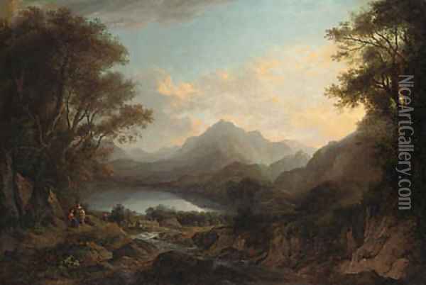 View of Loch Lomond, with figures in the foreground Oil Painting - Alexander Nasmyth