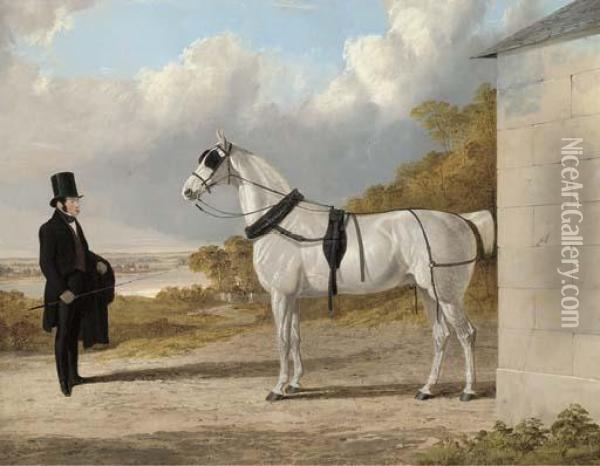 Portrait Of James Hartley With A Grey Carriage Horse, In Anextensive River Landscape Oil Painting - John Frederick Herring Snr