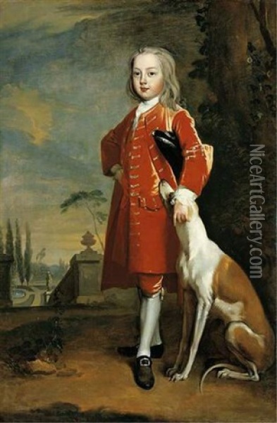 Portrait Of A Boy In A Red Coat, A Dog By His Side, In A Landscape Oil Painting - Charles Jervas