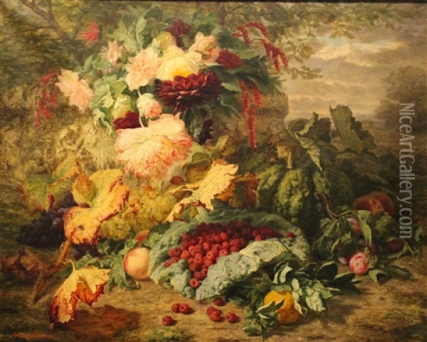 Fruit And Flora With Landscape Oil Painting - Simon Saint-Jean