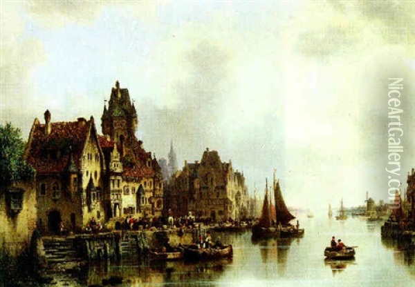 Hollandische Stadt An Einem Belebten Kanal Oil Painting - Ludwig Hermann