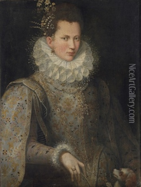 Portrait Of A Lady In An Embroidered Gown And White Collar, With A Dog Oil Painting - Lavinia Fontana