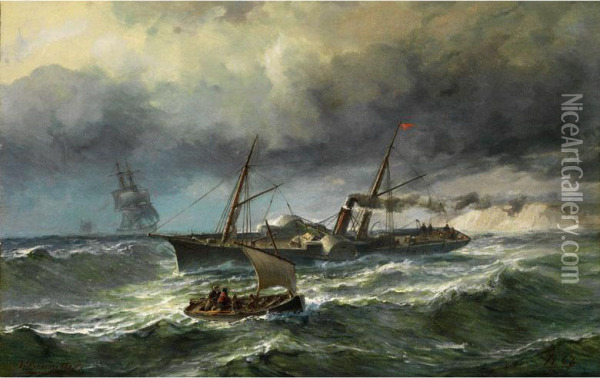 Marinebild Mit Einem Segeldampfer Aufbewegter See Mit Wellen Oil Painting - Johan Jacob Bennetter
