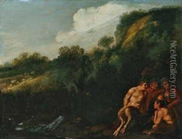 Satyrn Und Nymphe In Flusslandschaft. Oil Painting - Moyses or Moses Matheusz. van Uyttenbroeck