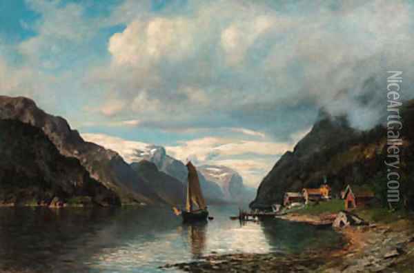 A sailing boat in a rocky fjord landscape Oil Painting - Morten Muller