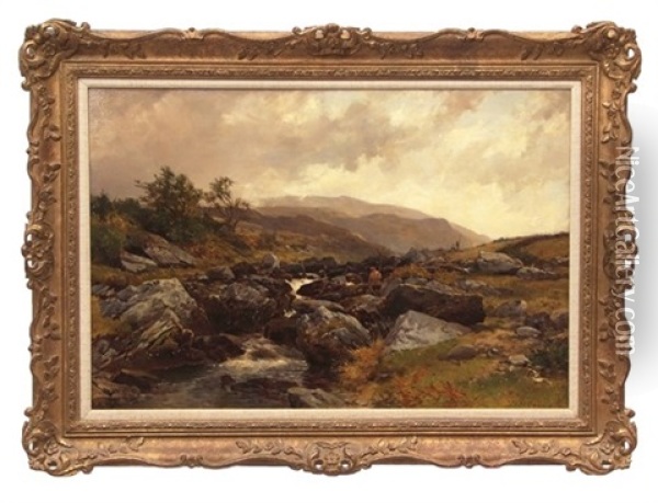 Welsh River Landscape With Angler Oil Painting - John Syer
