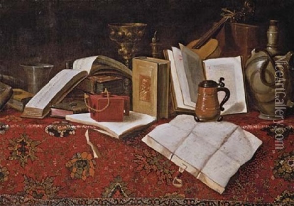 A Vanitas Still Life With Books, Music, A Violin, A Roemer And Other Objects On A Draped Table Oil Painting -  Pseudo-Roestraten