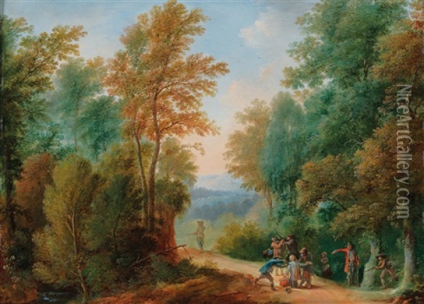 Two Wooded Landscapes With Robbers Oil Painting - Johann Georg (Georges) Trautmann
