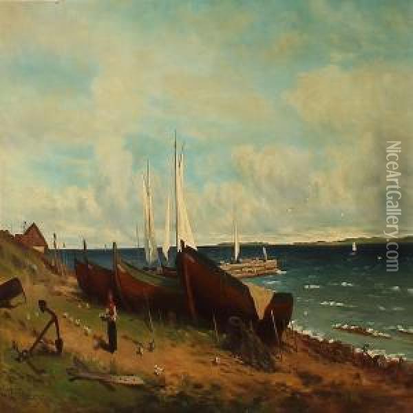 Coastal Scene With Boats At The Beach Oil Painting - Axel Wilhelm Nordgren