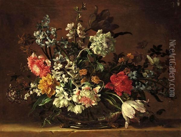 A Still Life Of Flowers In A Glass Vase On A Stone Ledge Oil Painting - Jean-Baptiste Monnoyer