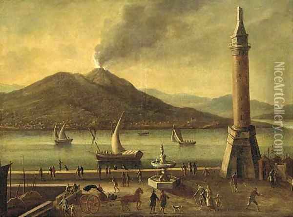 A view of Vesuvius, from the Molo, Naples Oil Painting - Tomasso Ruiz
