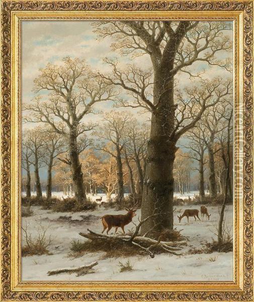 Roe-deers In Winter Oil Painting - Caesar Bimmermann