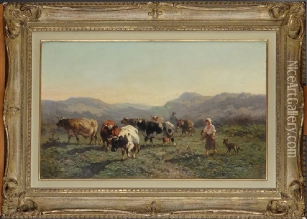 Couple De Bergers Et Vaches Oil Painting - Louis Robbe