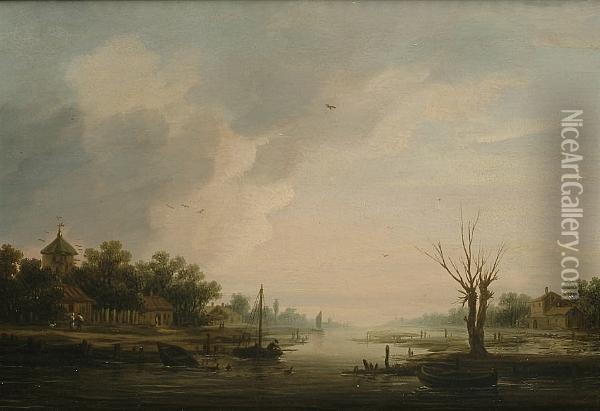 A River Landscape With Fishing Boats And A Village Beyond Oil Painting - Jan van Goyen