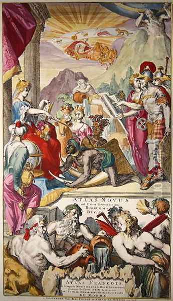 Title page of Atlas Novus ad usum Serenissimi Burgundiae Ducis depicting Europa receiving tribute from the peoples of Asia Africa and America Oil Painting - Romeyn de Hooghe