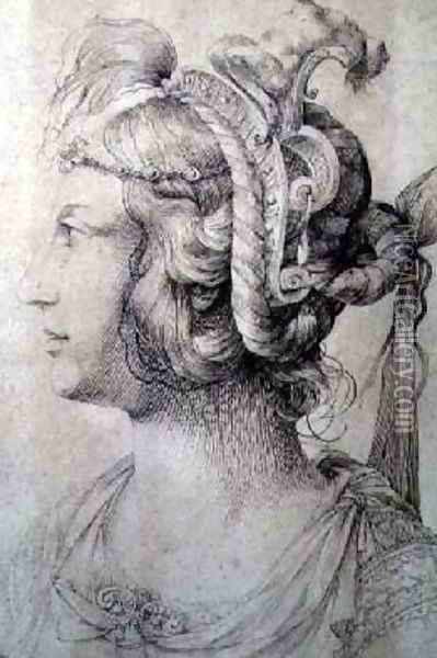 Profile of Woman wearing a Fantastical Head-dress with Grotesque Masks Oil Painting - Jacopo Ligozzi