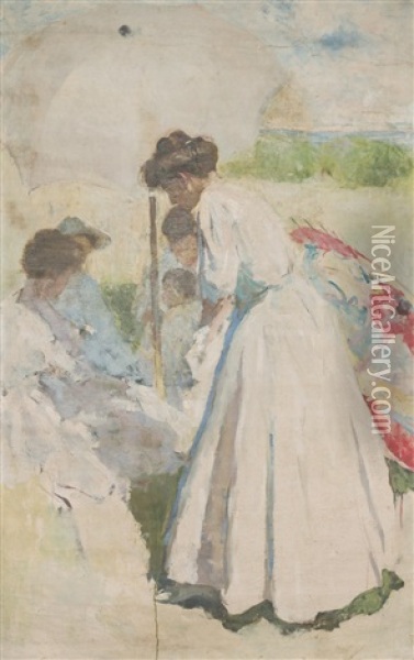 Women And Figures Under White Umbrella, Man Carrying Two Cheeses (double Sided) Oil Painting - Charles Webster Hawthorne