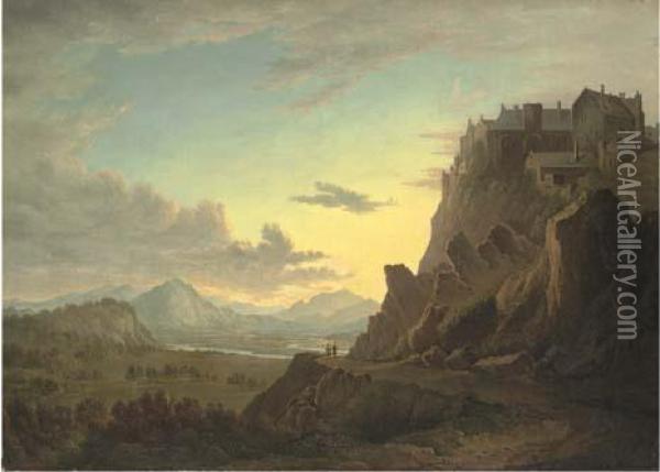 View Of Stirling Castle At Sunset, Figures On A Path In Theforeground Oil Painting - Alexander Nasmyth