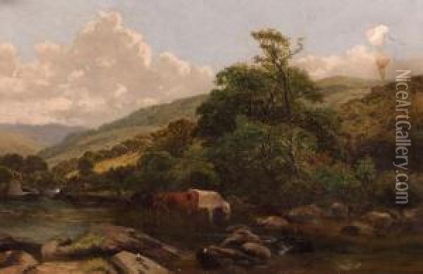 Riverlandscape With Cattle Watering Oil Painting - James Peel