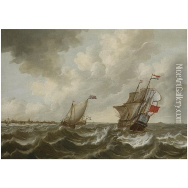Dutch Shipping In Stormy Waters, Off The Coast Of Middelburg, With A View Of Vlissingen And The Fort Rammekens In The Distance Oil Painting - Pieter Coopse