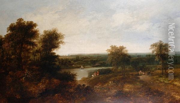 Figures In An Extensive River Landscape Oil Painting - A. Beattie