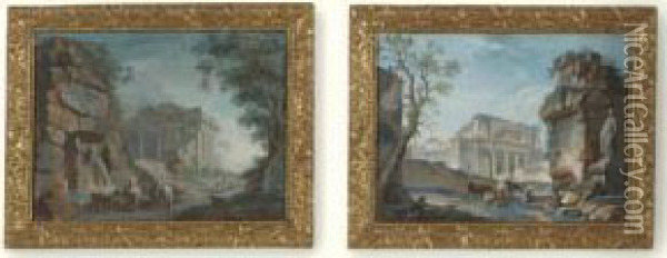A Pair Of Landscapes With Roman Ruins Oil Painting - Charles Louis Clerisseau