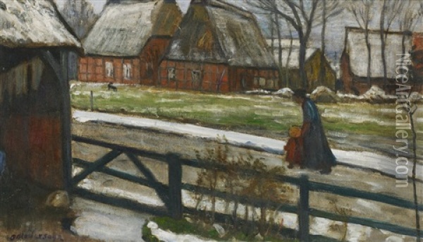 Fischerhuder Dorfstrase Im Winter. Verso: Felder Im Fruhjahr Oil Painting - Otto Modersohn
