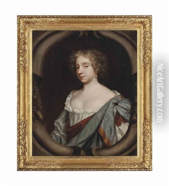 Portrait Of A Lady, Half-length, In A White Dress With A Blue And Crimson Wrap, Painted In A Cartouche Oil Painting - Mary Beale