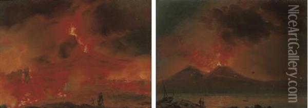 Travellers Before Vesuvius, The Eruption Of 1850; And Figures On The Bay Of Naples, Vesuvius Beyond Oil Painting - Gaetano Dura