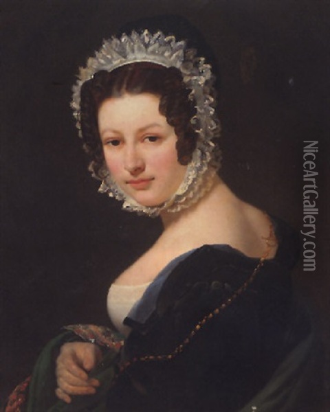 Portrait Of A Young Lady Wearing A Black Dress, With A Green Mantle, And A Lace Bonnet Oil Painting - Antoine Jean (Baron Gros) Gros