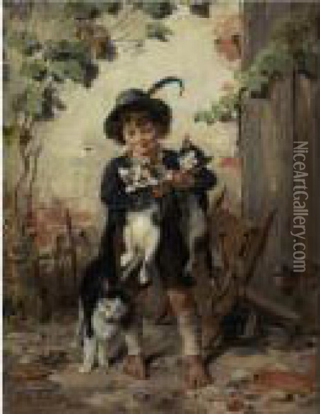 Young Boy With Three Cats Oil Painting - Julius Adam